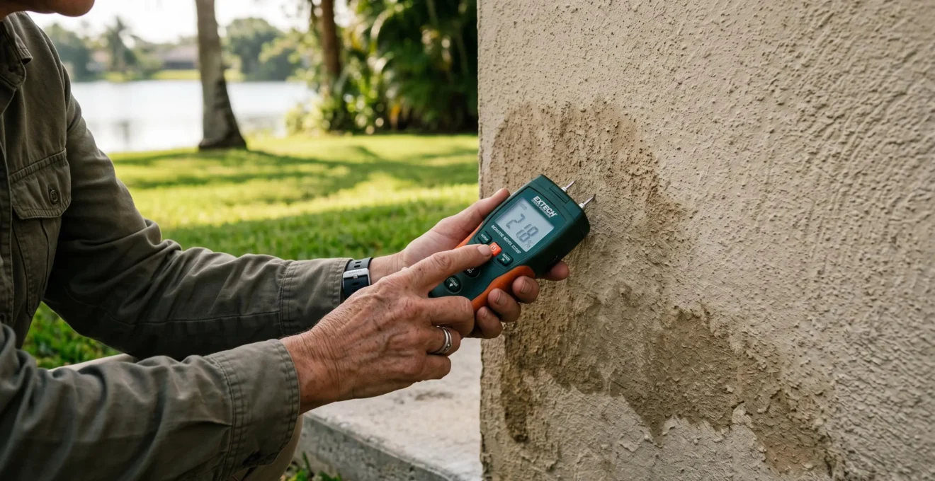 Les mains d'un inspecteur mesurent l'humidité d'un mur en béton près du sol.