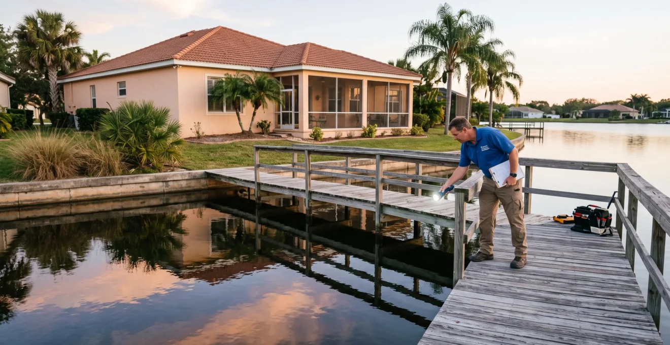 Une maison en bord de lac à Orlando inspectée près du ponton au coucher du soleil.