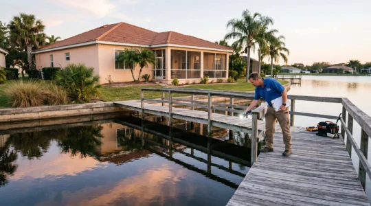 Une maison en bord de lac à Orlando inspectée près du ponton au coucher du soleil.